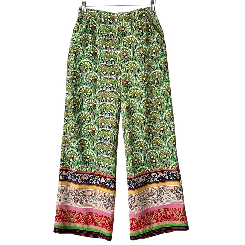 ESQUALO Green and Red Wide Leg Pants with Bohemian Flair